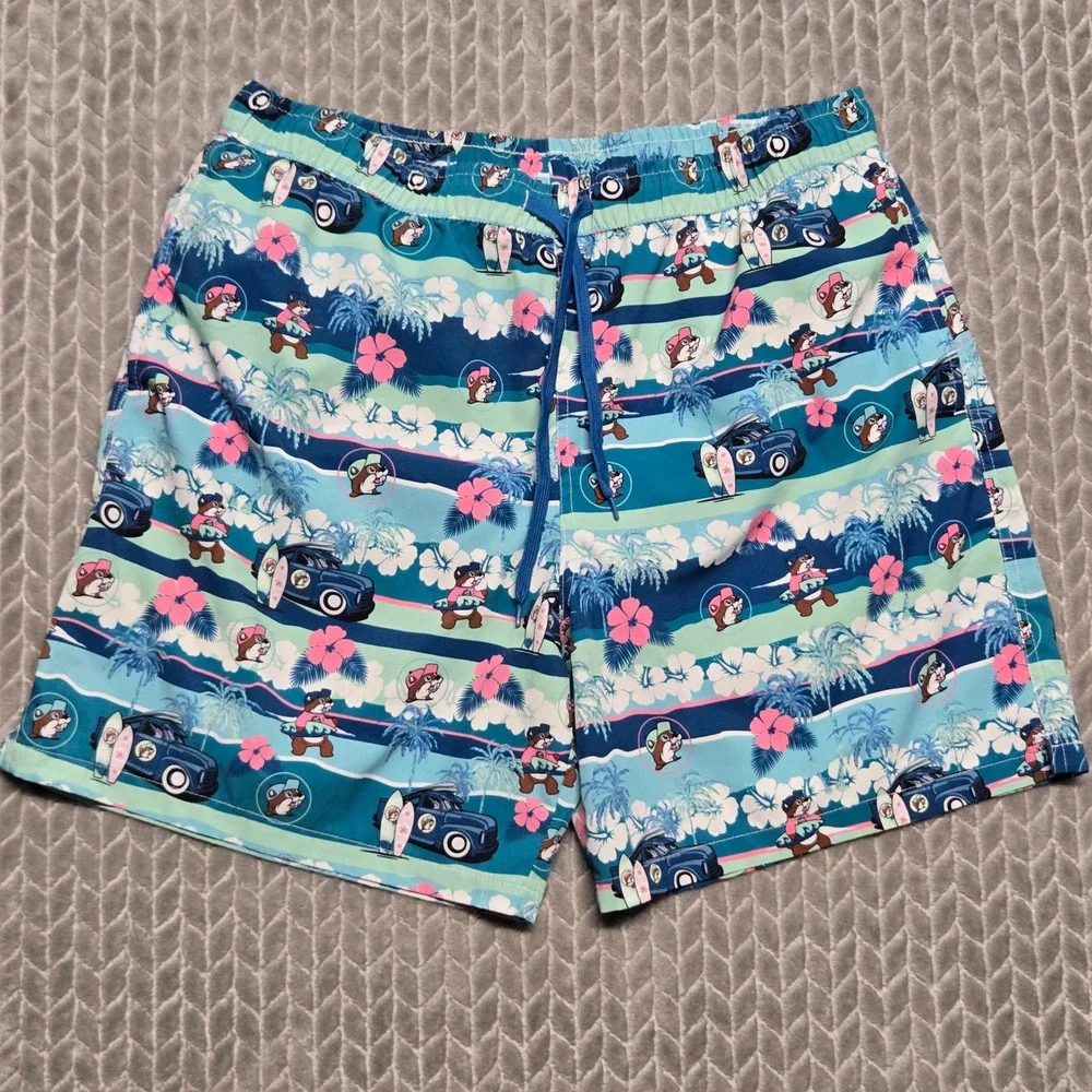 Buc-ee's Mens Blue Tropical Surfboard Beaver Swim Trunks Shorts 2X Woody Car